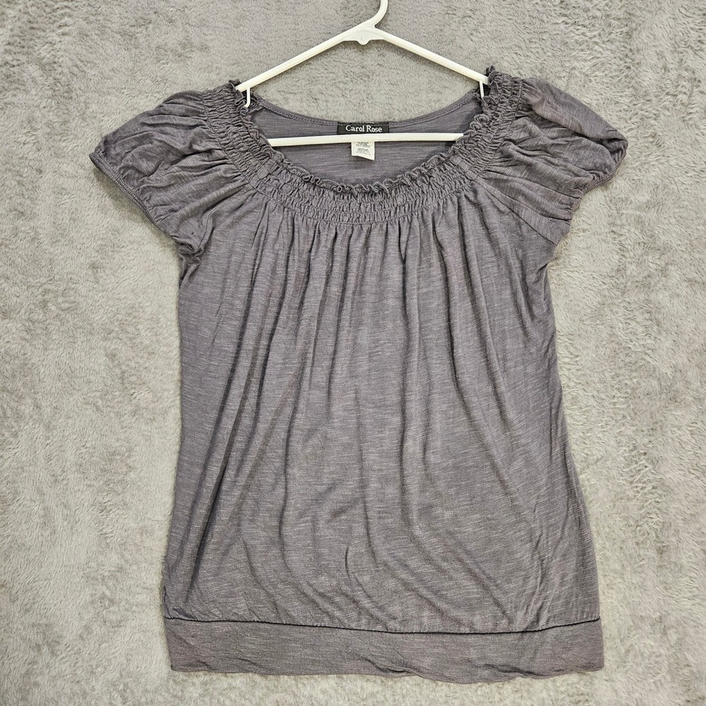 Carol Rose Women‎ Gray Smocked Scoop Neck Puff Sleeve Banded Hem Knit Top Medium